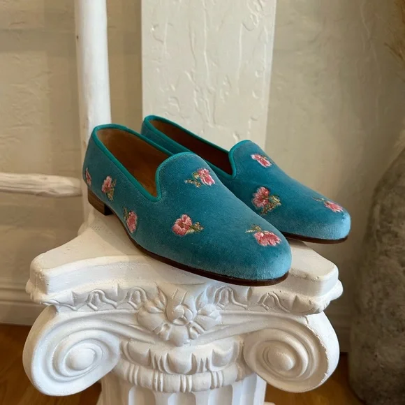 LoveShackFancy x Stubbs and Wootton Roses Slipper in Turquoise Blue Velvet - Picture 8 of 17